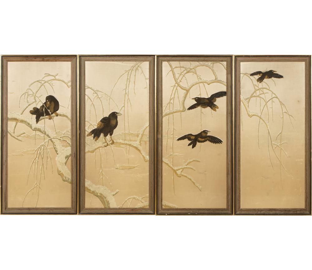 Appraisal: FOUR ASIAN EMBROIDERED PANELSeach framed depicting birds each x inches