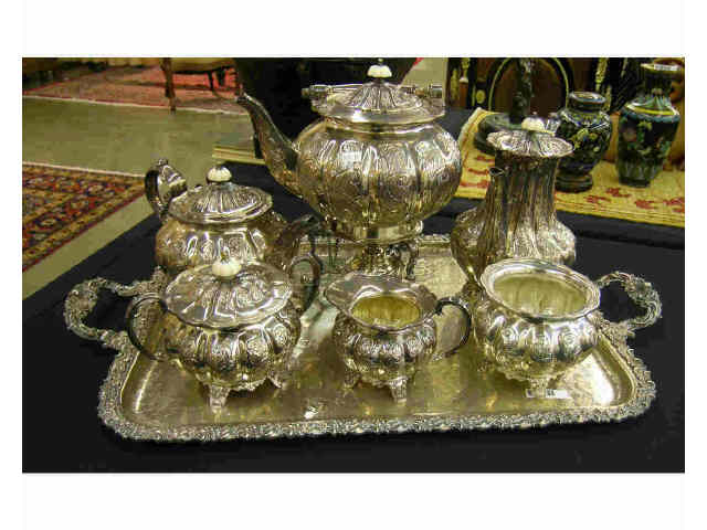 Appraisal: Seven piece tea set ornate English plate marked Made in