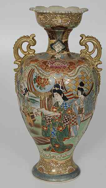 Appraisal: Satsuma Vase Japan A large double-handle Satsuma vase decorated with