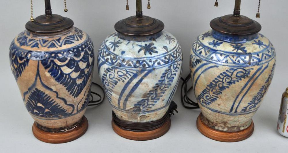 Appraisal: Group Three Pottery Jars As Lamps with blue and off-white