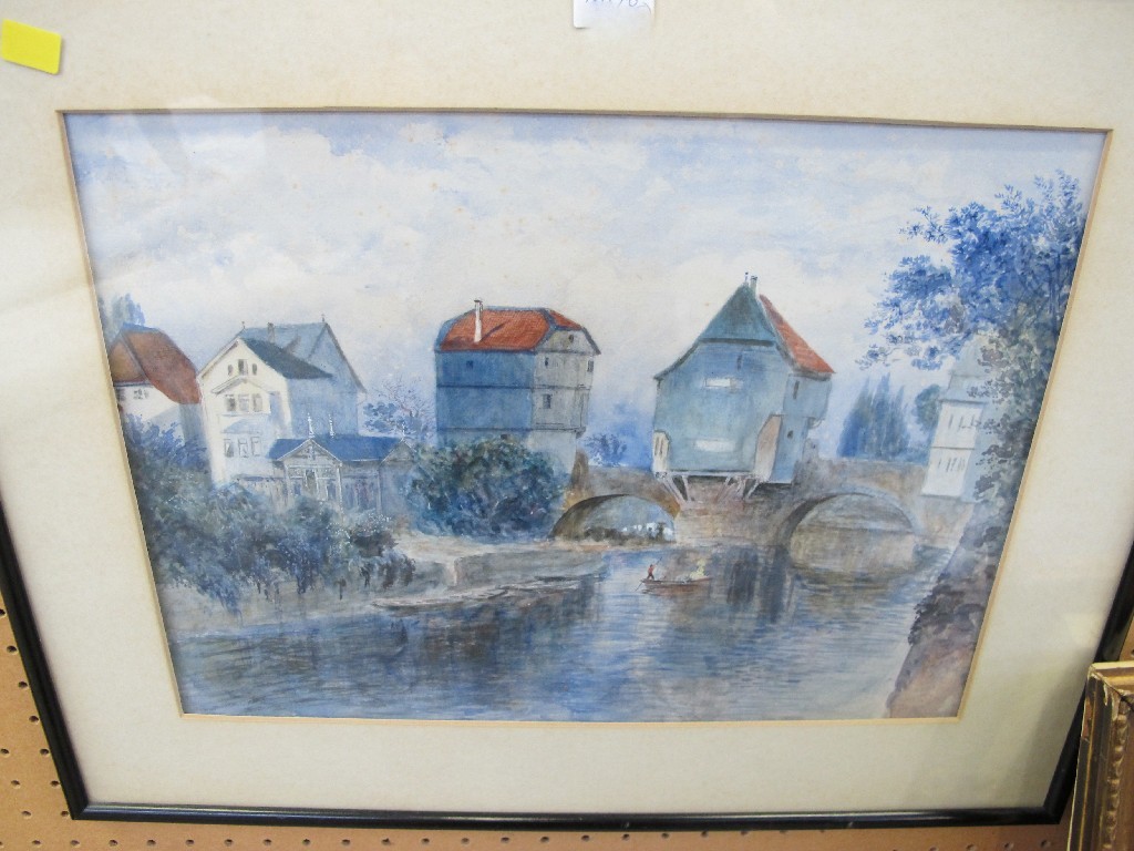 Appraisal: Watercolour Continental river scene with a bridge unsigned