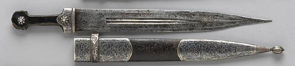 Appraisal: A silver-mounted Caucasian kindjaldated Broad double edged blade with double