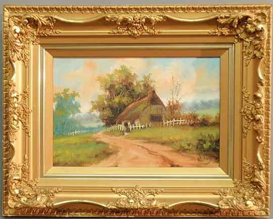 Appraisal: Oil on canvas landscape painting of a cottage in the