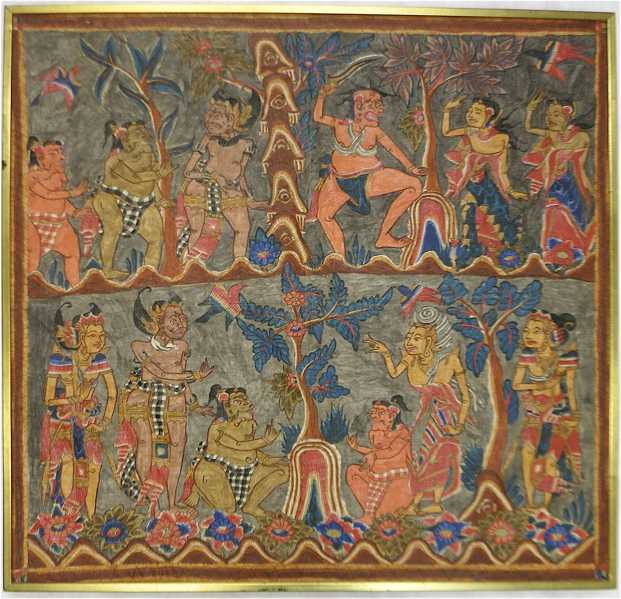 Appraisal: BALINESE NARRATIVE SCENE hand-painted on cloth featuring figures one with