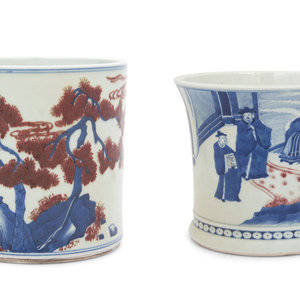 Appraisal: Two Chinese Underglaze Blue and Copper Red Porcelain Brushpots Bitong