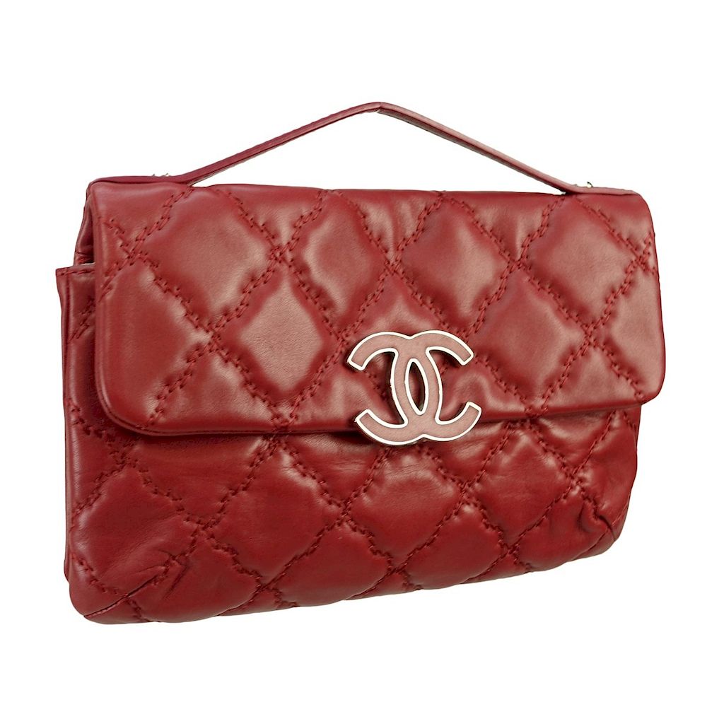 Appraisal: Chanel Clutch Chanel Red Quilted Leather Front Logo Clutch Intertwined