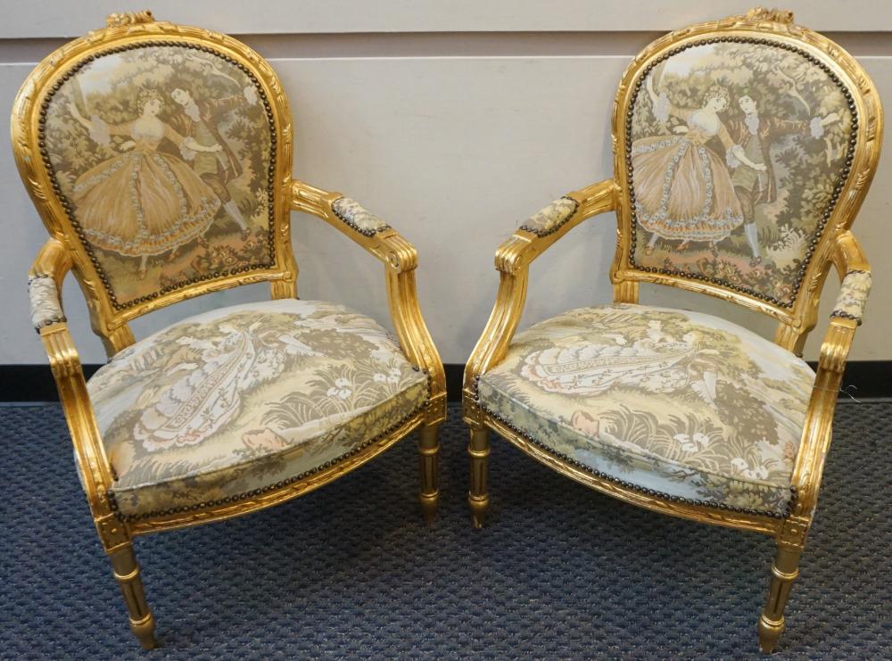 Appraisal: Pair Louis XVI Style Giltwood Machine Tapestry Upholstered Fateuils and