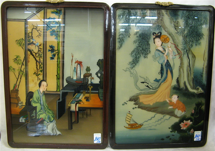 Appraisal: PAIR CHINESE REVERSE OIL PAINTINGS ON GLASS a young woman