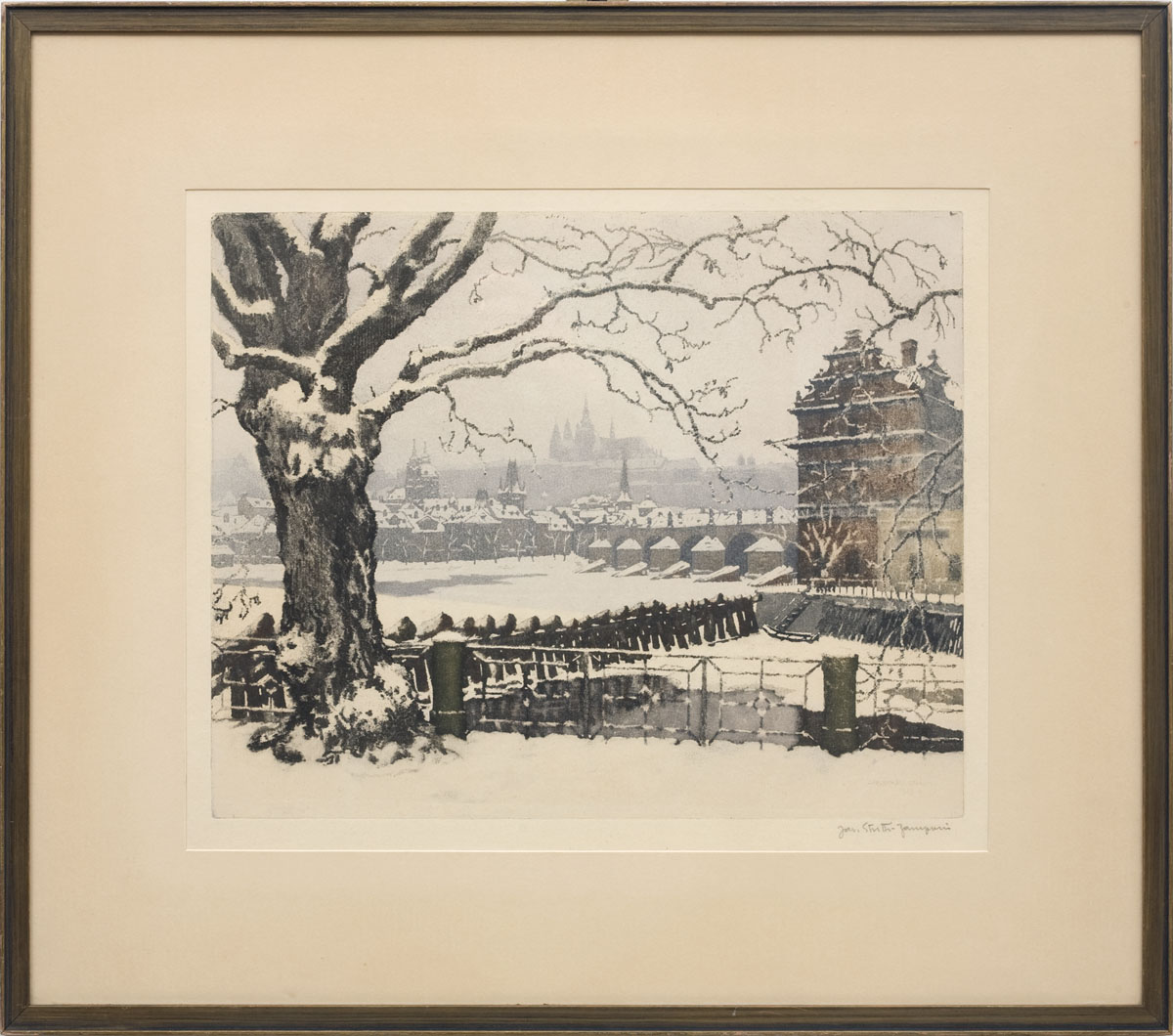 Appraisal: PRINT OF PRAGUE IN WINTER x inches sight Signed in