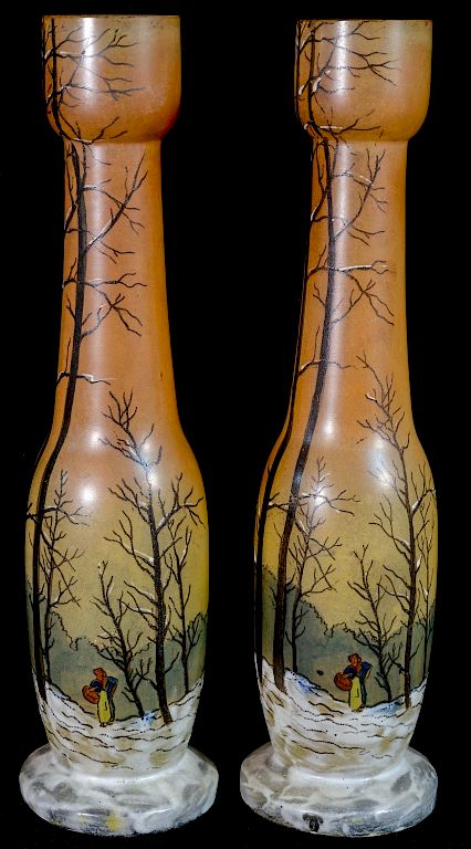 Appraisal: Pair Legras Enamelled Art Glass Vases Woodland Scene Pair Legras