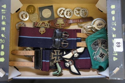 Appraisal: Tray lot consisting of RAF Badges Belts Coins Nazi Flags