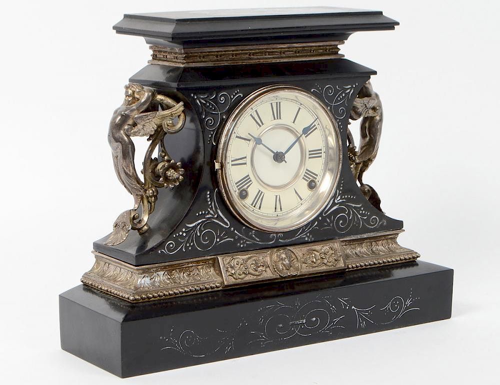 Appraisal: AMERICAN FAUX MARBLE MANTLE CLOCK Late th Century The movement