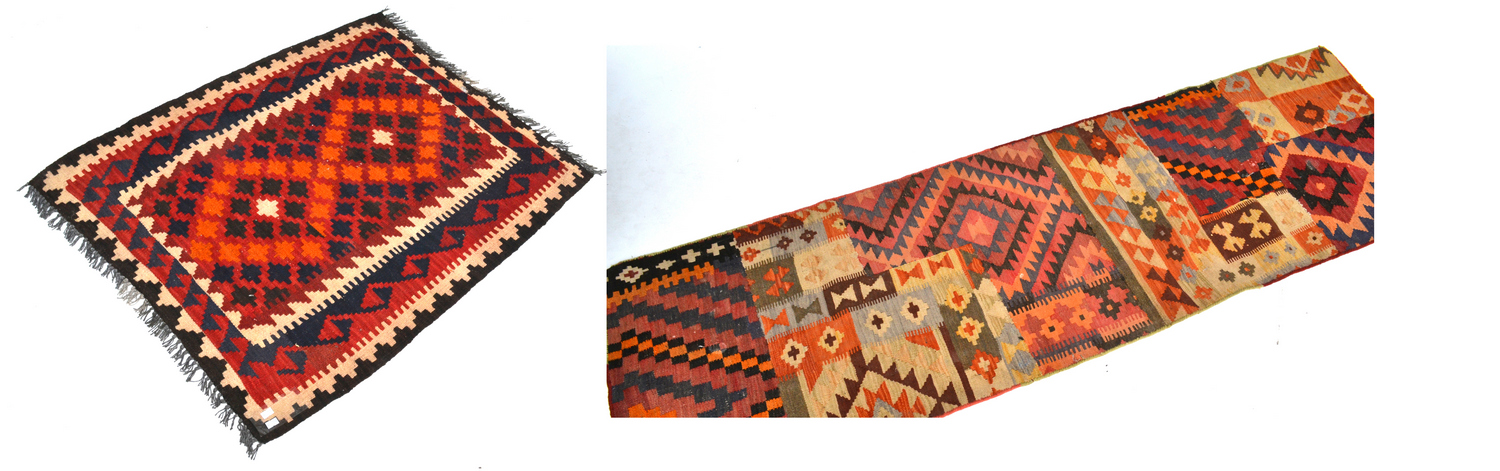 Appraisal: TWO KILIM RUGS ONE REDUCED IN SIZE TO FORM A