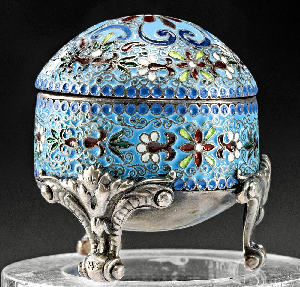 Appraisal: th C Russian Cloisonne Silver Lidded Jar w Feet Eastern