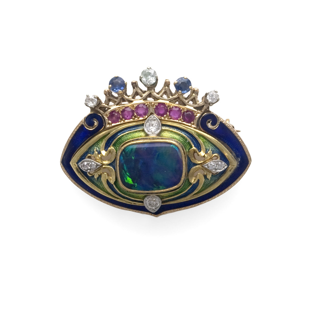 Appraisal: DIAMOND RUBY OPAL SAPPHIRE ENAMEL AND GOLD BROOCH The oval