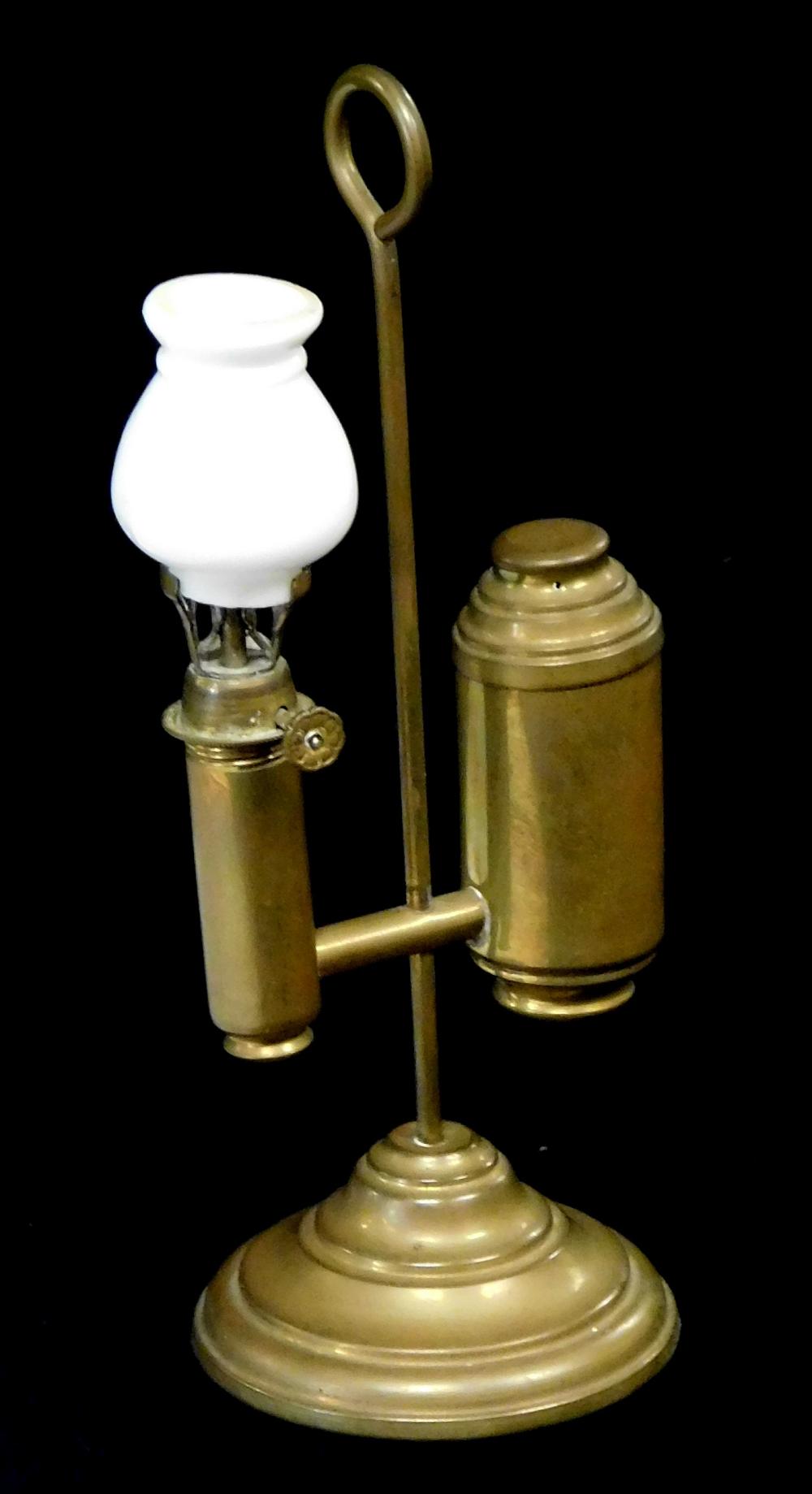 Appraisal: Miniature student oil lamp S- brass base with white glass