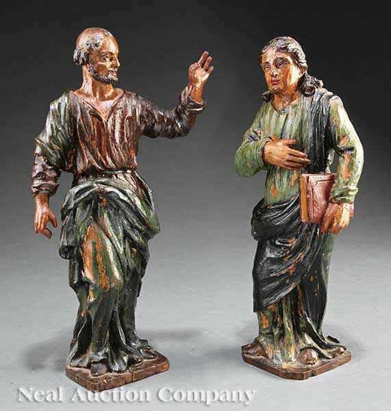 Appraisal: A Pair of Antique Continental Carved and Polychrome Wood Figures