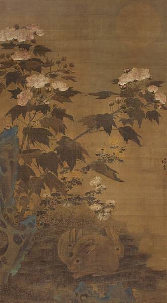 Appraisal: Haiyun ca th Century Rabbits in the Moonlight Large hanging