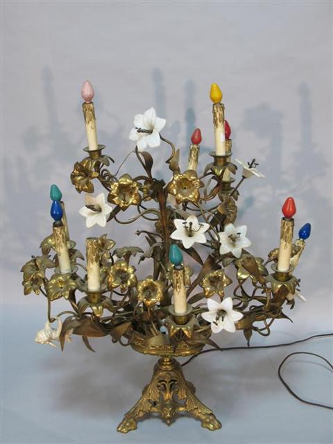 Appraisal: TEN-LIGHT GILT-METAL FLOWER-FORM LIGHT Formed as ten-candle light issuing from