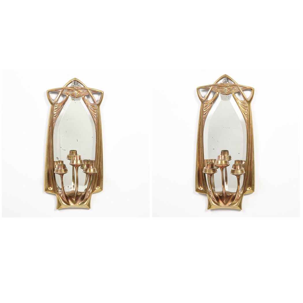 Appraisal: Pair of Art Nouveau Brass and Copper Three-Light Sconces Circa