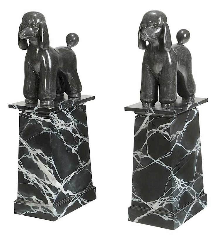 Appraisal: Pair Carved Marble Poodles on Marbleized Plinths modern MANCINI carved