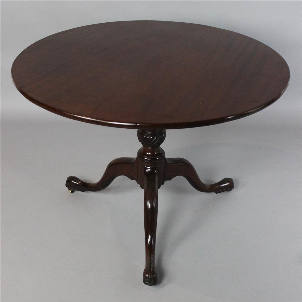 Appraisal: GEORGIAN MAHOGANY TEA TABLE the round tilting top with molded