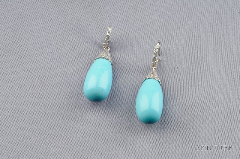 Appraisal: kt White Gold and Turquoise Earpendants each drop with diamond