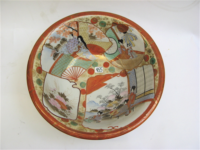 Appraisal: LARGE JAPANESE KUTANI POTTERY BOWL hand painted interior with cartouches