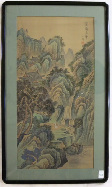 Appraisal: CHINESE INK AND WATERCOLOR ON SILK mountains and waterfalls Image