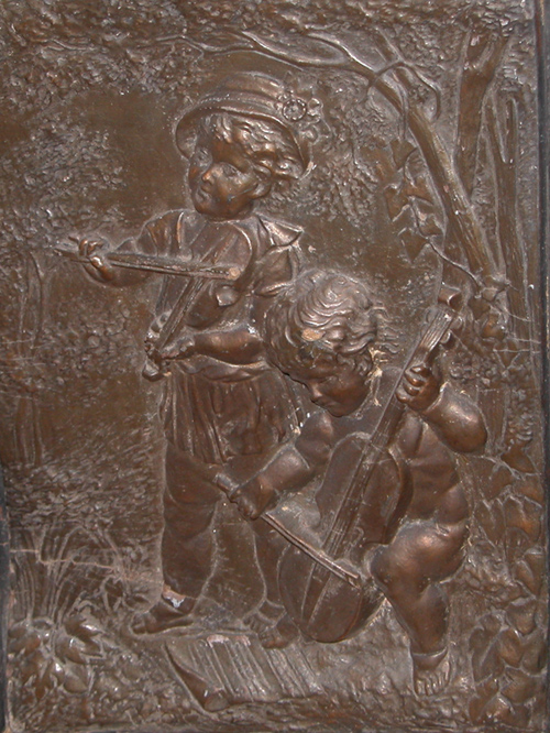 Appraisal: Children with Stringed Instruments painted plaster relief painted plaster x