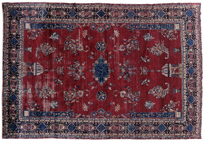 Appraisal: Pictorial Kerman rug central panel with floral bouquets on burgundy