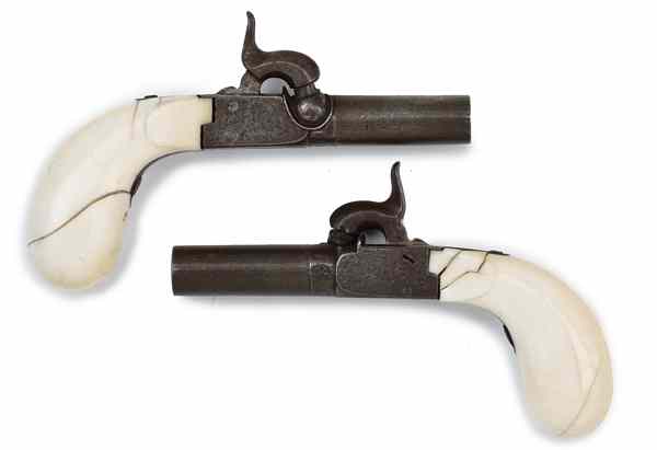 Appraisal: Pair of Folding Trigger Single-Shot Percussion Muff Pistols cal ''