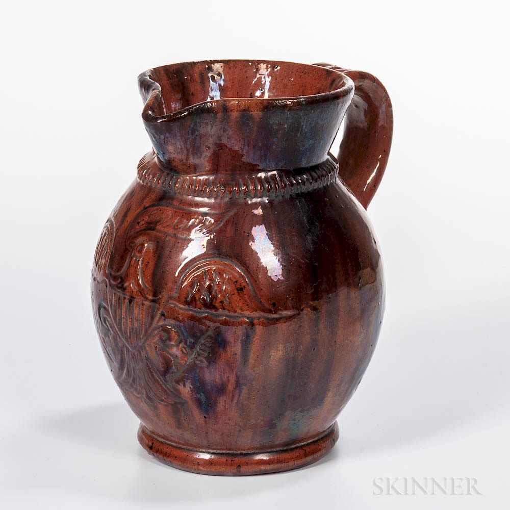 Appraisal: Eagle-decorated Redware Jug Eagle-decorated Redware Jug America th century the