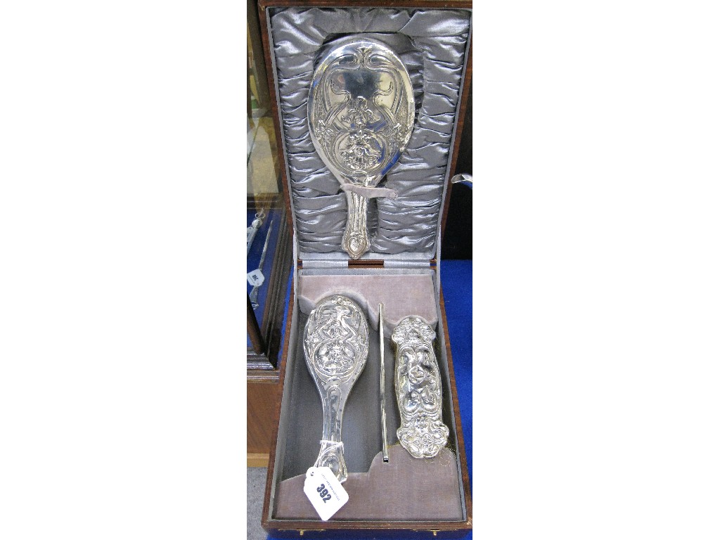 Appraisal: Cased four piece Art Nouveau silver dressing table set Chester