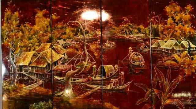 Appraisal: Vietnamese Hand Painted Lacquer PanelsFour panels finely painted to depict