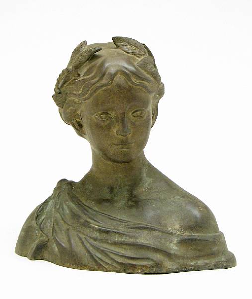 Appraisal: A patinated bronze bust of a young woman early st