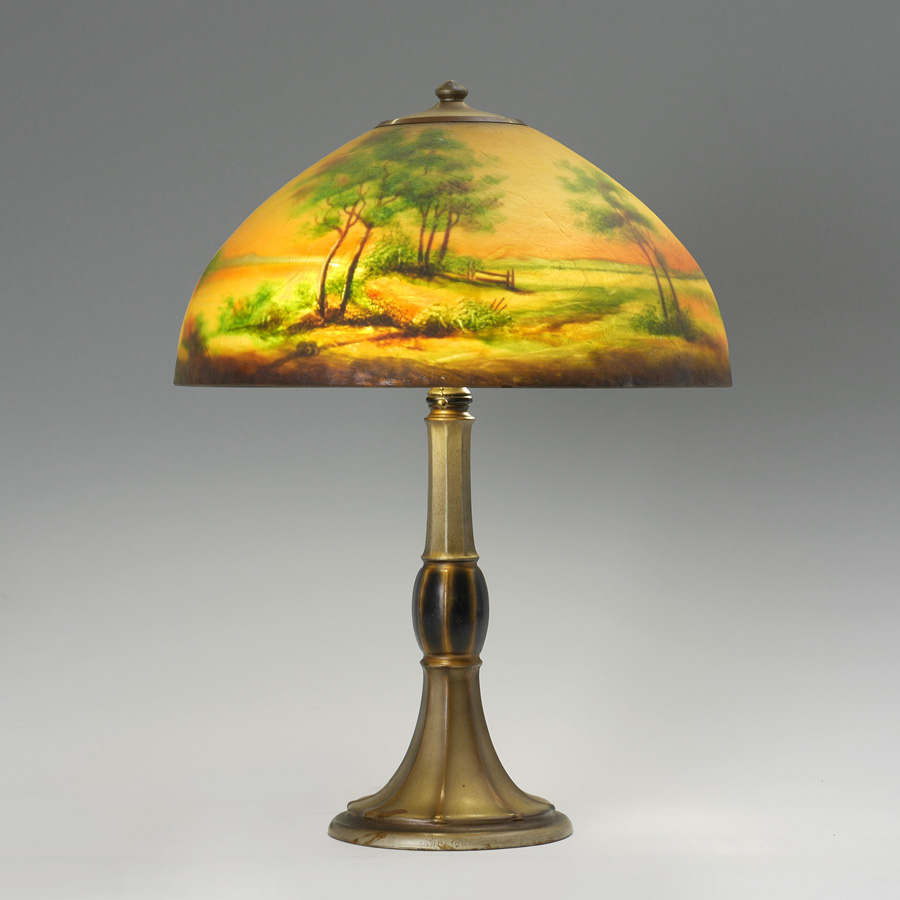 Appraisal: JEFFERSON REVERSE PAINTED SHADE LAMP Unsigned painted cast metal base