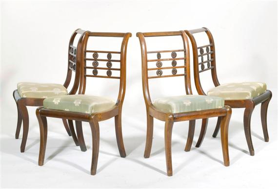 Appraisal: SUITE OF CHAIRS Empire France Mahogany Light-colored floral silk covers