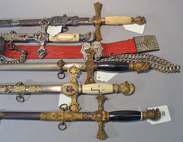 Appraisal: A lot of five American fraternal order swords Comprising Unmarked