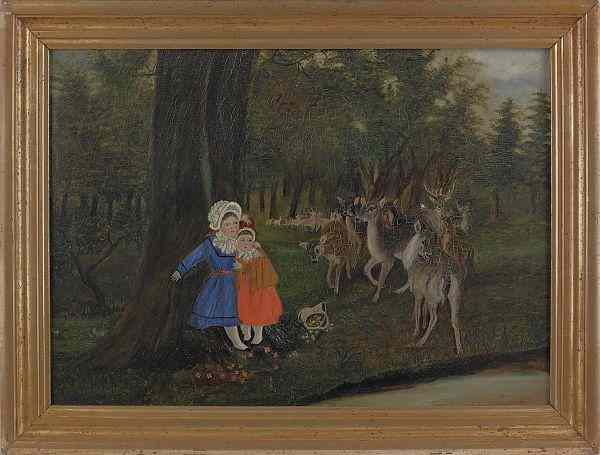 Appraisal: American primitive oil on canvas landscape of children and deer