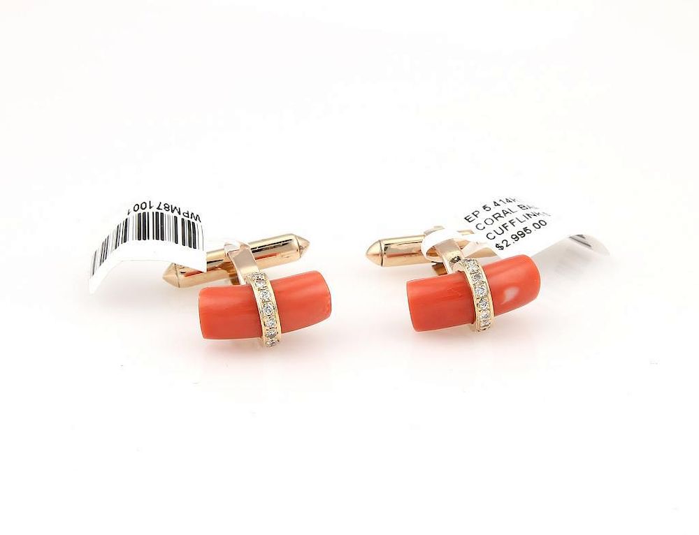 Appraisal: Kt Yellow Gold Coral Diamond Cufflinks Kt Yellow Gold Coral