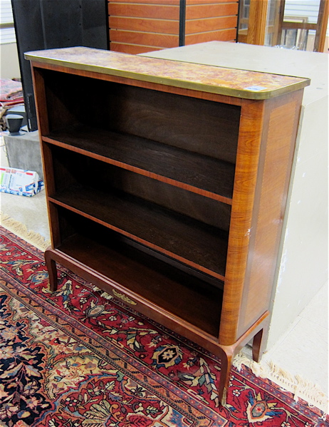 Appraisal: LOUIS XV STYLE OPEN-SHELF BIBLIOTHEQUE mahogany with brass-rimmed breccia marble