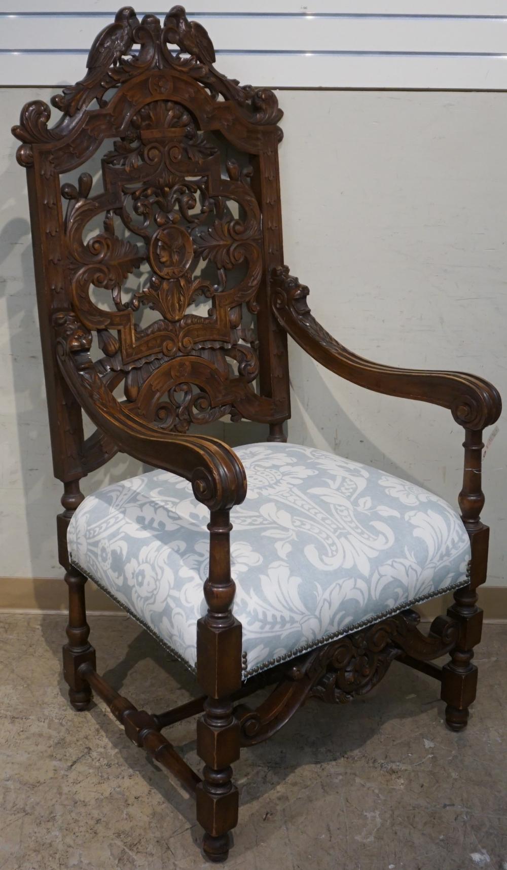 Appraisal: Italian Baroque Style Carved Wood and Upholstered Seat High Back