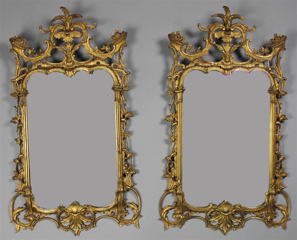 Appraisal: PAIR OF GEORGE III STYLE CHINESE CHIPPENDALE GILTWOOD MIRRORS each