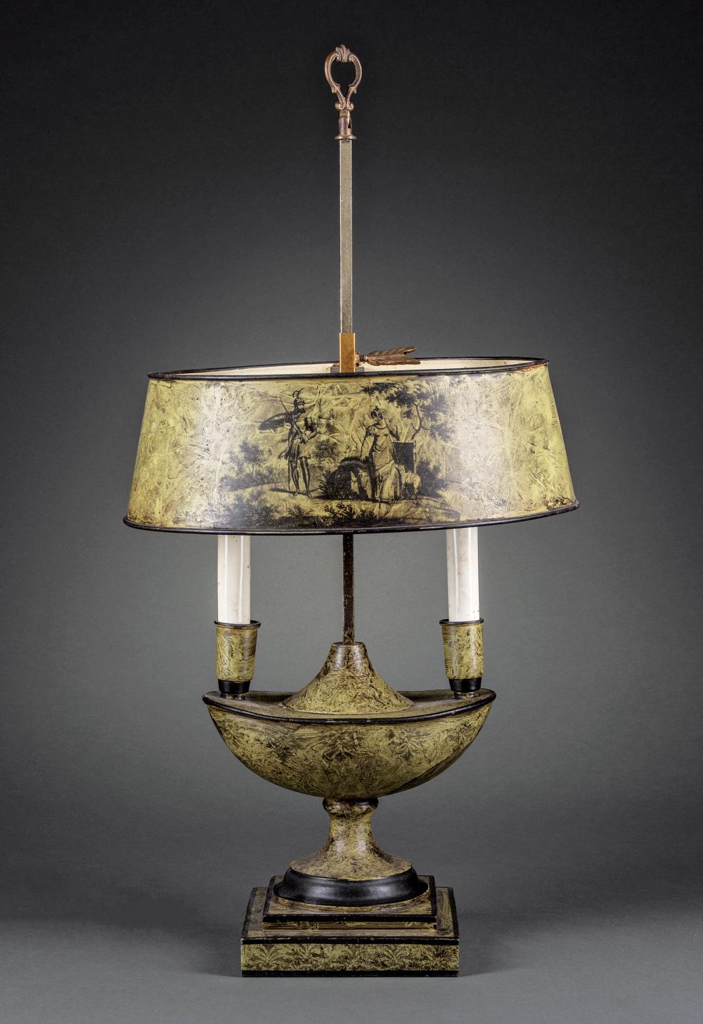 Appraisal: Decorative Italian Tole Peinte Two-Light Table Lamp adjustable shade electrified