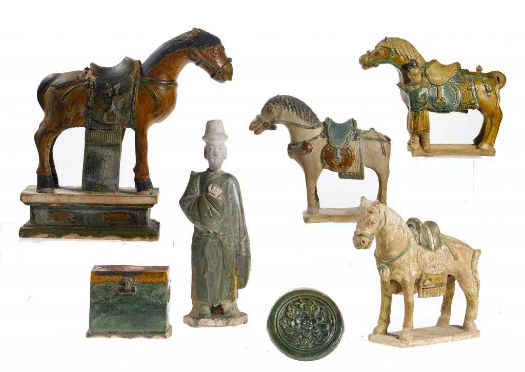 Appraisal: A SANCAI GLAZED TILEWORKS MODEL OF A CAPARISONED HORSE THREE