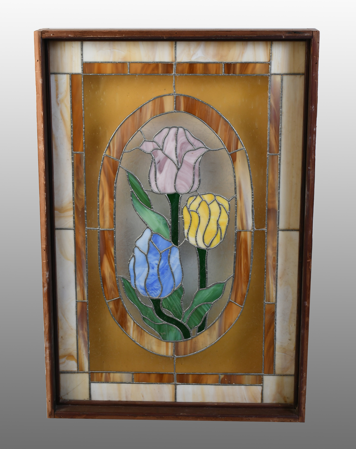 Appraisal: FLORAL MOTIF LEADED GLASS WINDOW Stained glass window having a