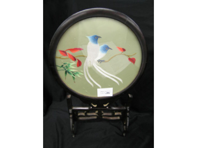 Appraisal: Oriental Silk Embroidery of Birds carved teak stand