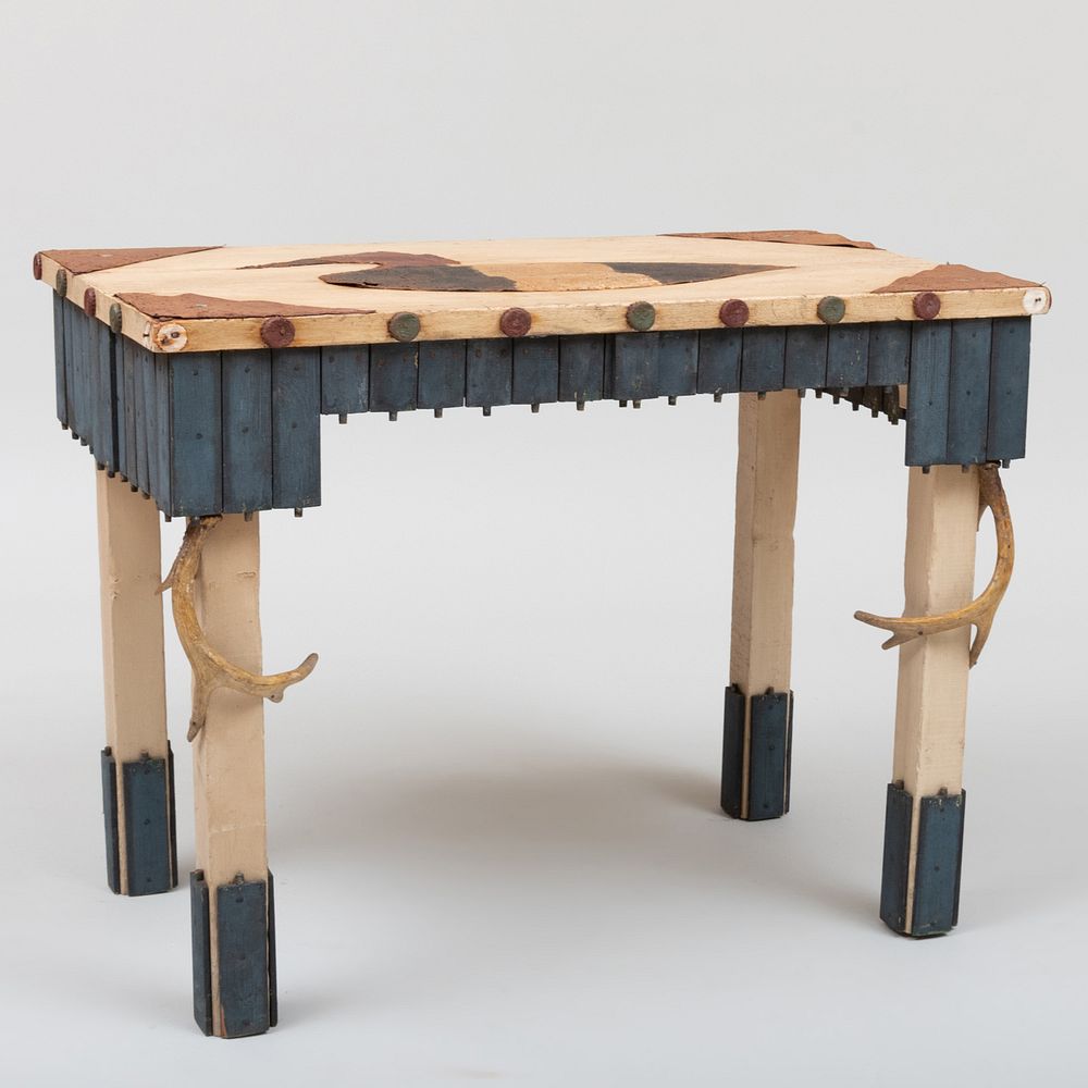 Appraisal: Rustic Painted Metal Wood and Antler Table x x in