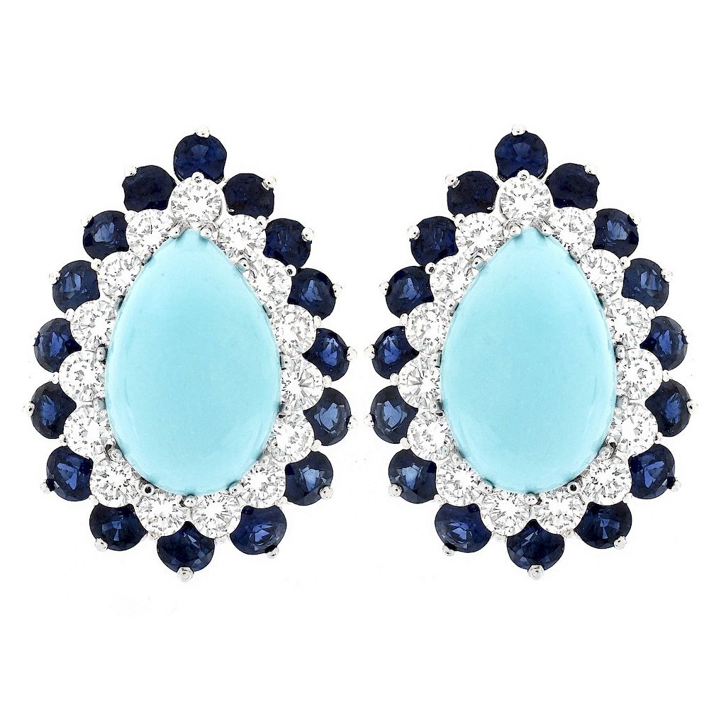 Appraisal: Diamond Sapphire Turquoise Earrings Vintage Approx Carat TW Round Brilliant